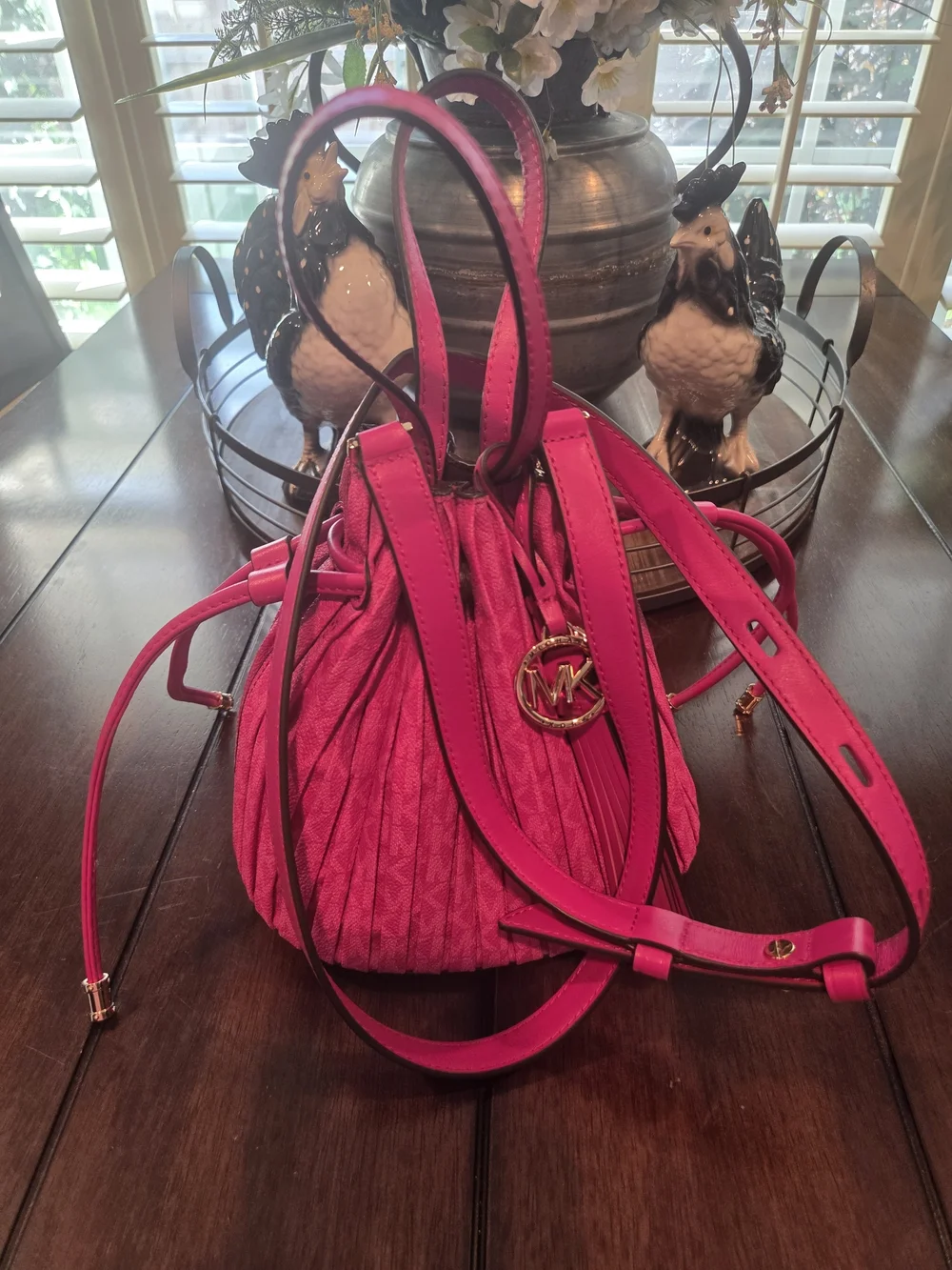 Michael Kors Pink Drawstring Pleated Bucket Bag Raspberry Signature Crossbody.